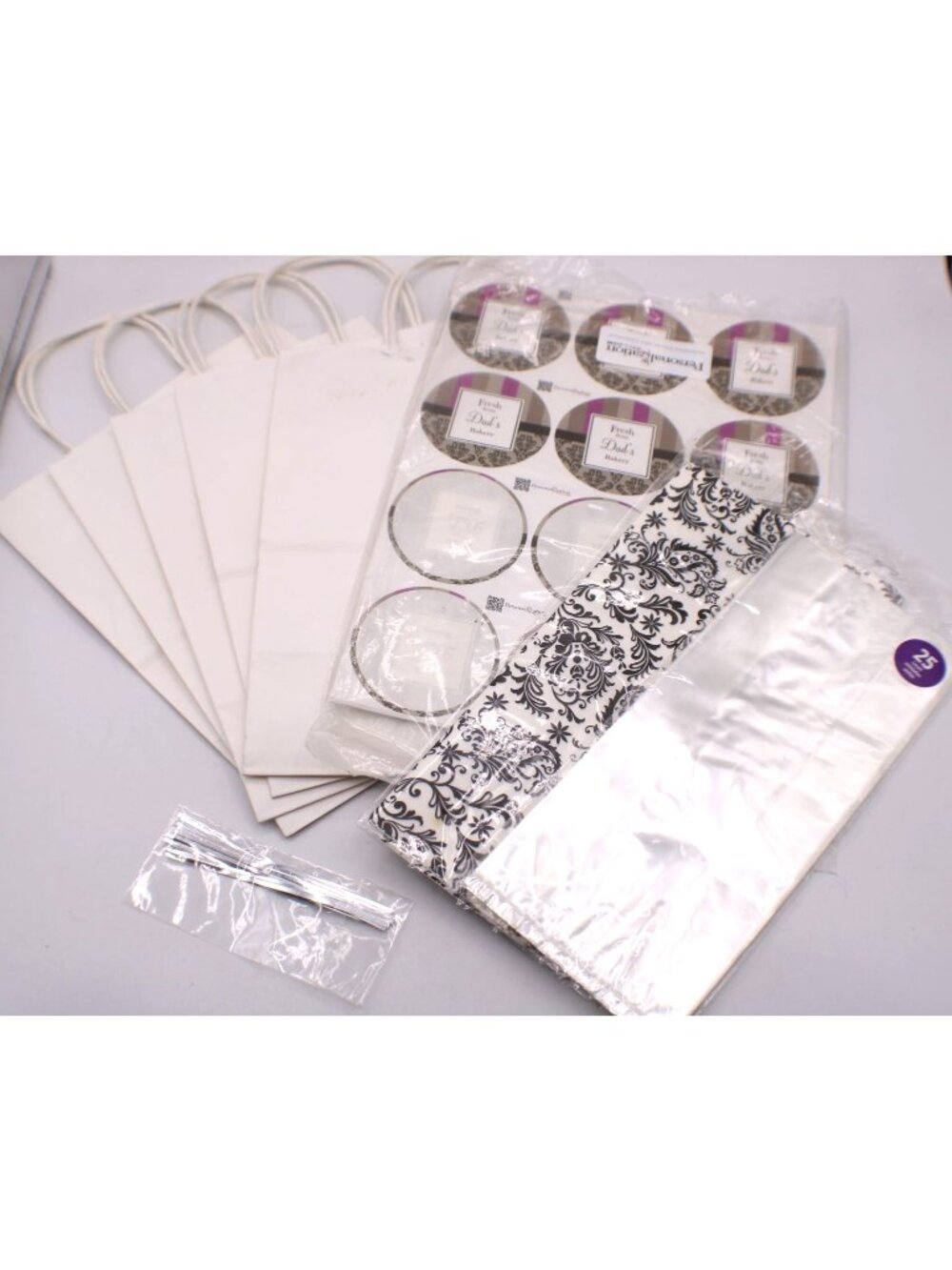 Bakery Packaging Set White Paper Bags Decorative Tissue Clear Bags Labels (Dads)